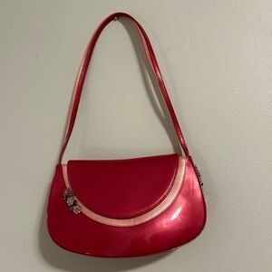 Stuart Weitzman two toned pink patent leather shoulder bag. Rhinestone detail.